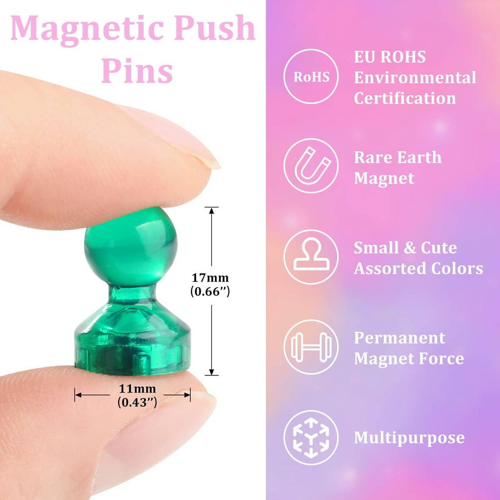 Green magnetic push pin magnet with size labels: 17mm (0.66) and 11mm (0.43)