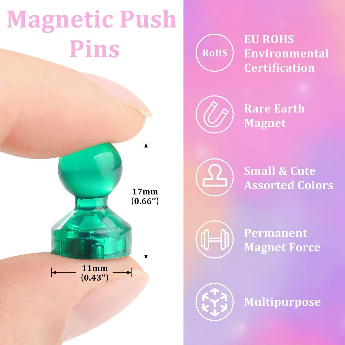 Green magnetic push pin magnet with size labels: 17mm (0.66) and 11mm (0.43)