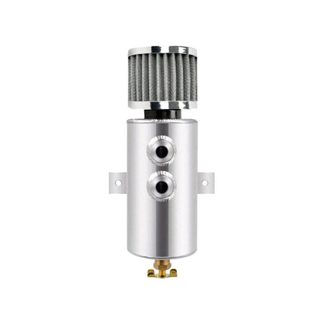 Aluminum oil catch can reservoir with cylindrical breather filter and two ports