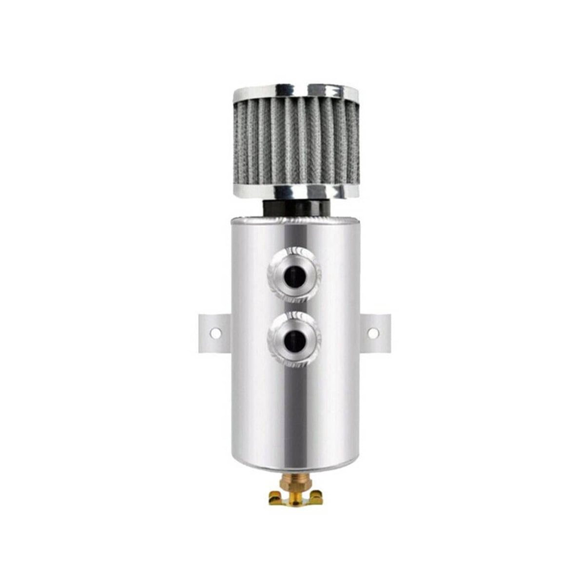 Aluminum oil catch can reservoir with cylindrical breather filter and two ports
