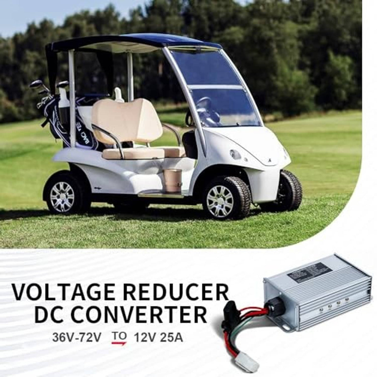 DC-DC voltage reducer converter unit near a golf cart body