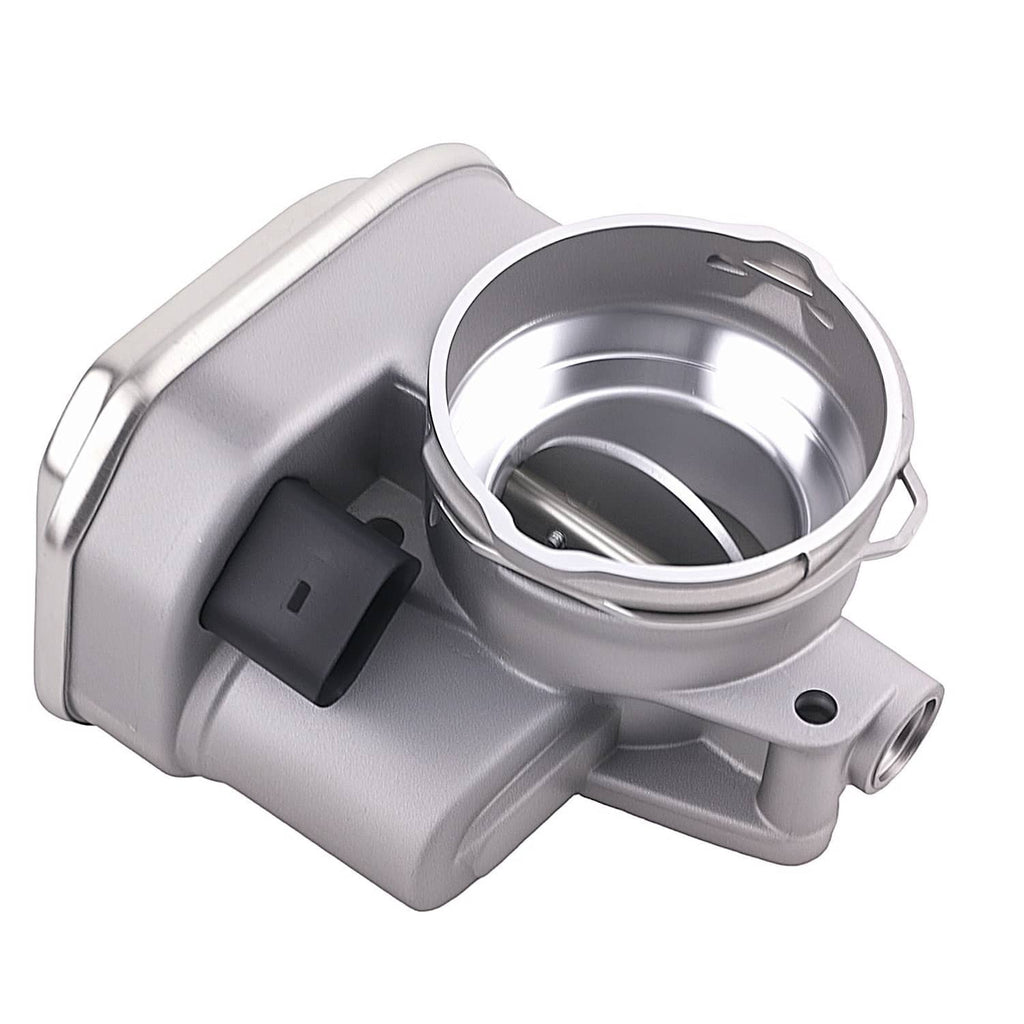 Silver throttle body with circular intake bore and black sensor connector
