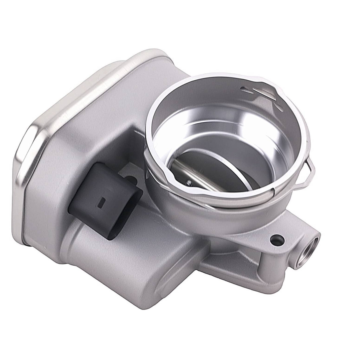 Silver throttle body with circular intake bore and black sensor connector
