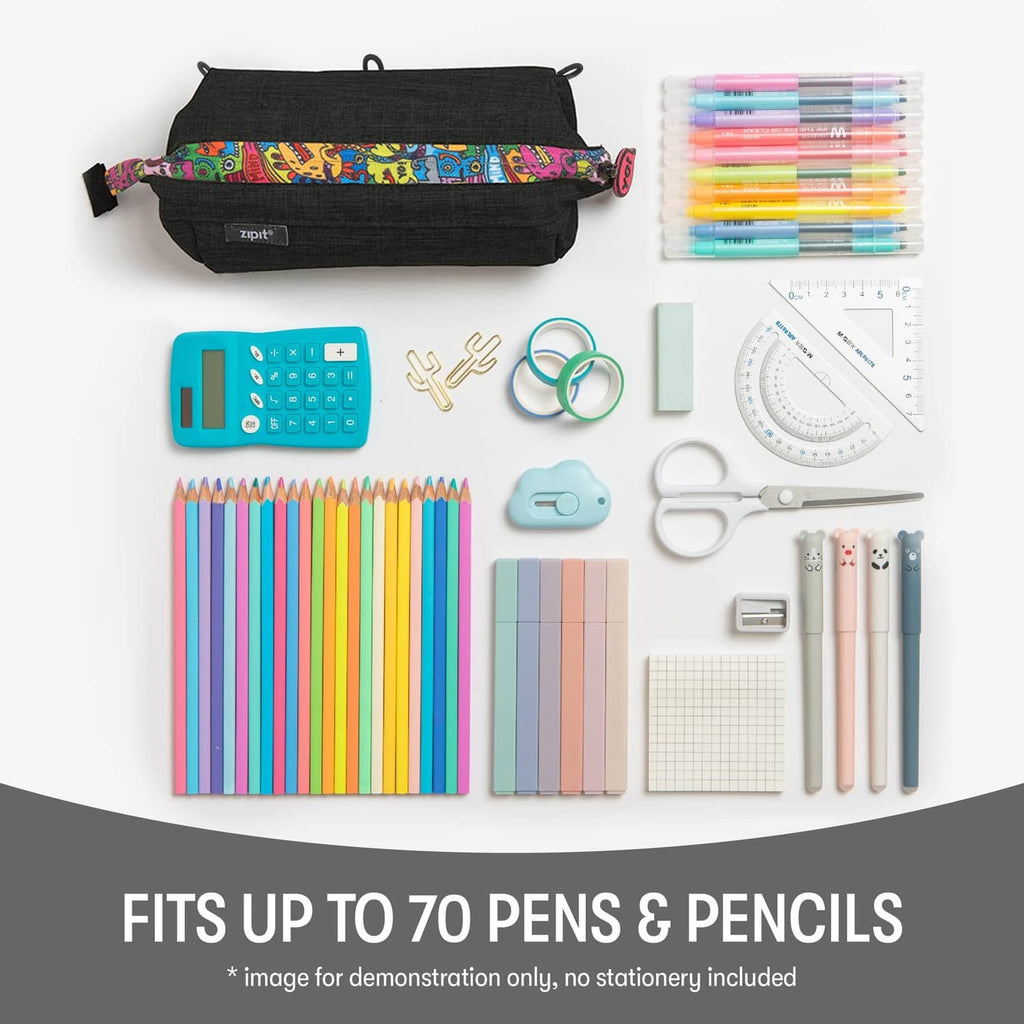 Black ZIPIT pencil case with colorful doodle zipper band, shown flat with stationery