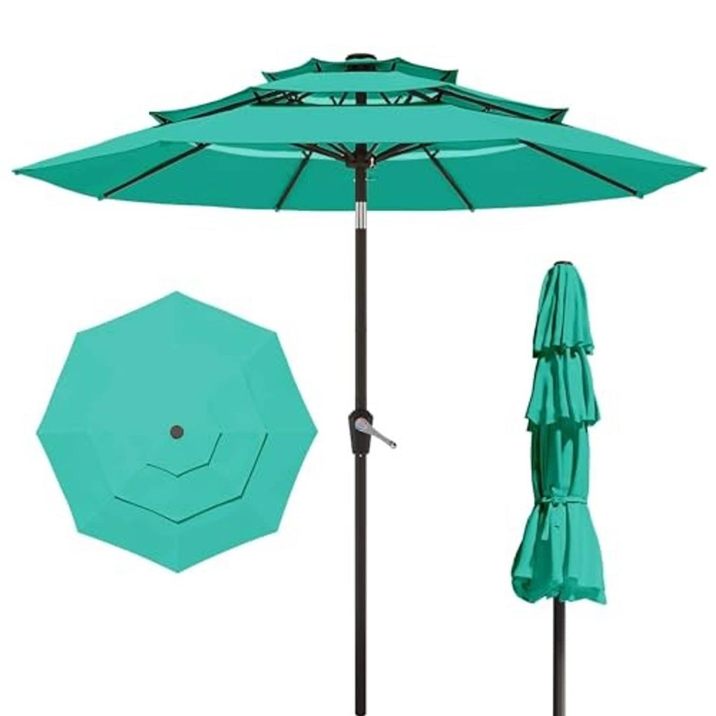 Turquoise three-tier patio market umbrella with vented canopy and tilted crank pole