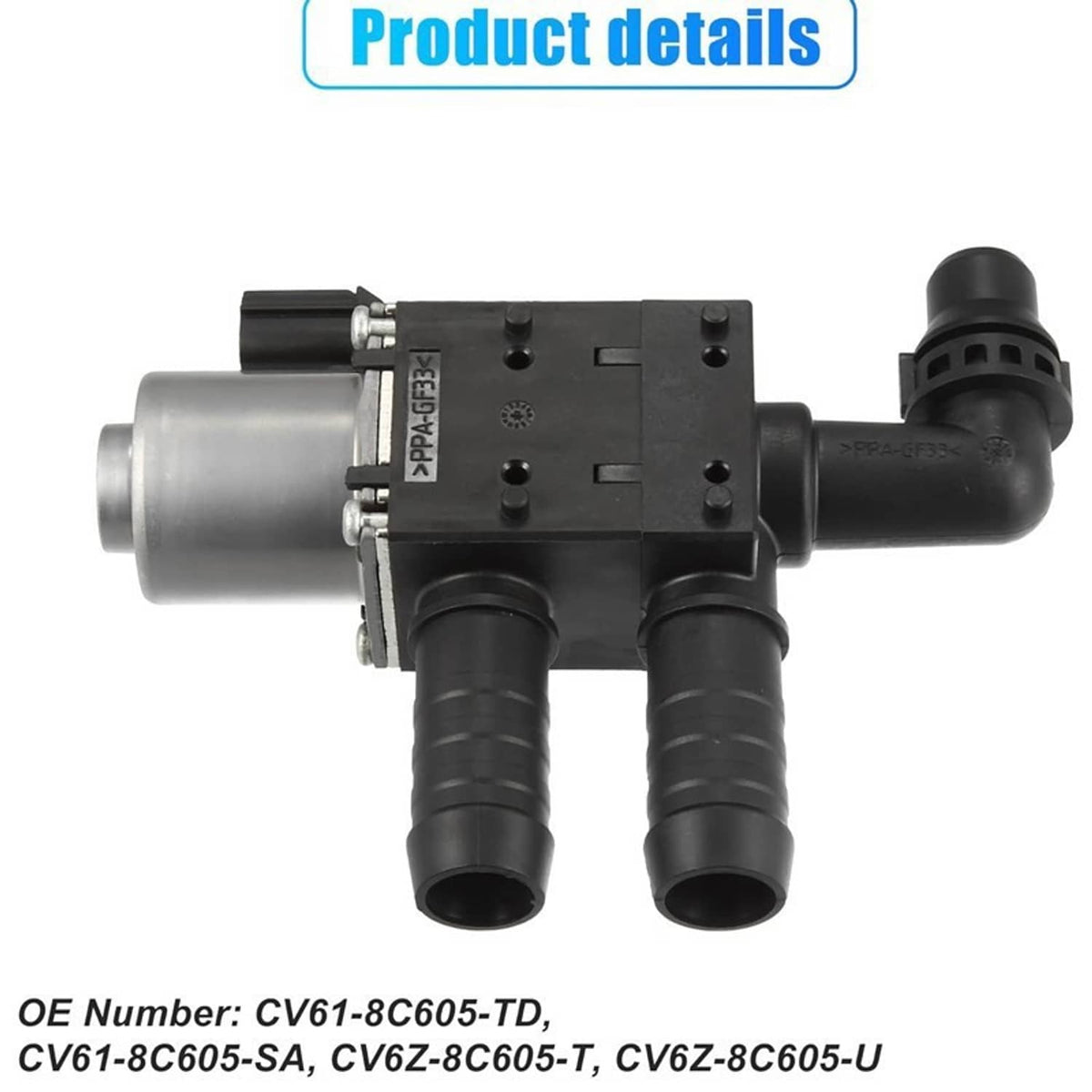 Engine heater control valve solenoid front view with dual hose openings and pins