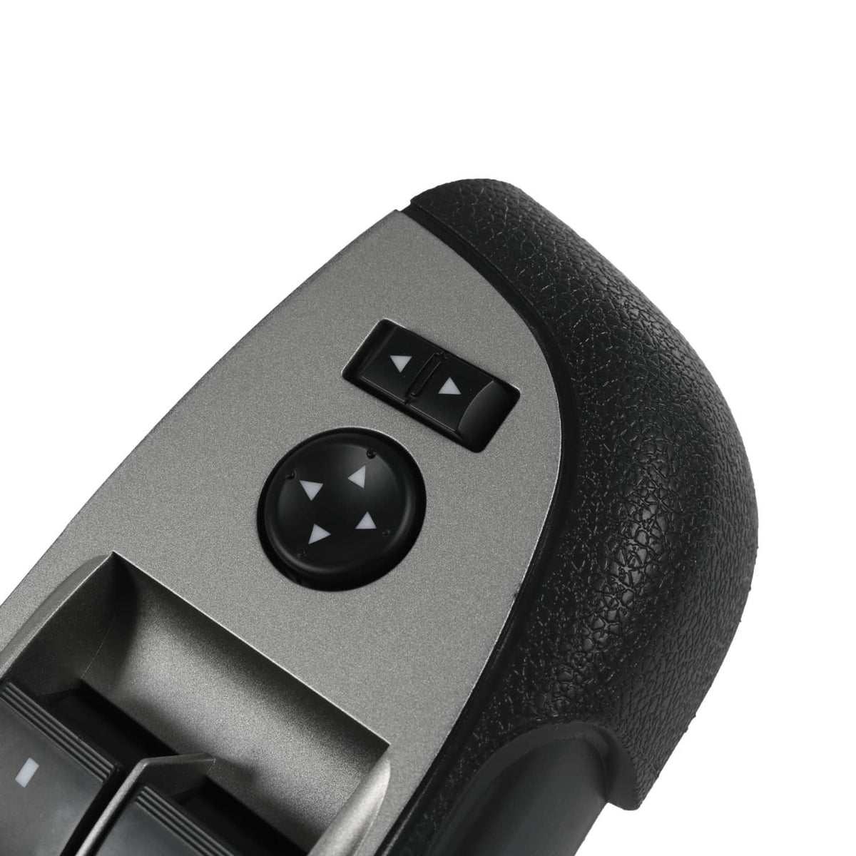 Close-up of window switch controls: directional pad and rocker button on gray panel.