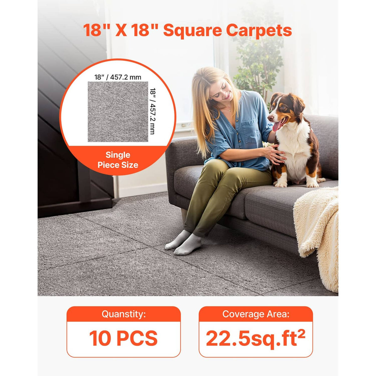 Set of square carpet tiles on floor, showing size and quantity for coverage
