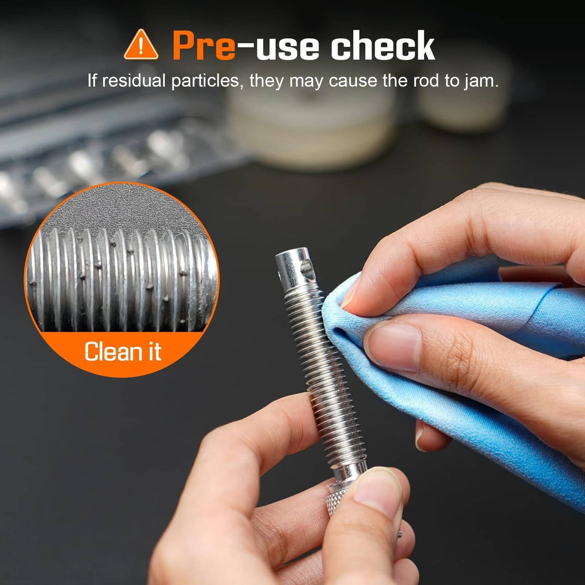 Watch press tool screw rod cleaned with cloth to prevent jamming