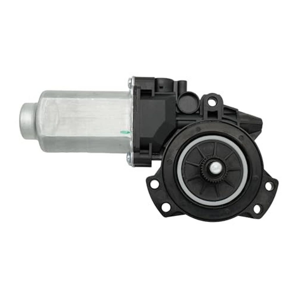 Power window motor showing black regulator housing, white screw, and silver cylinder body