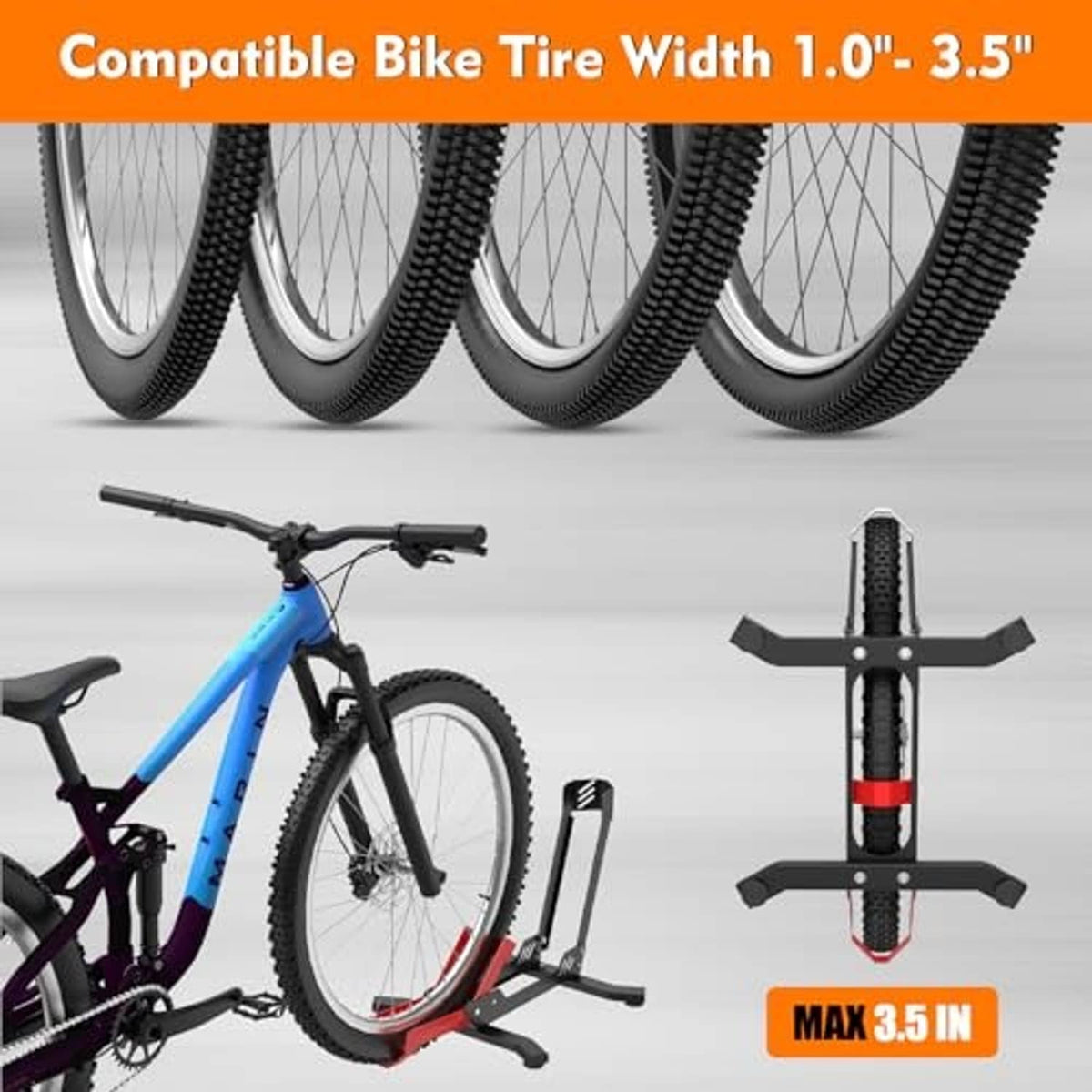 Portable bike floor stand supports up to 3.5 in tire width, black and red wheel cradle