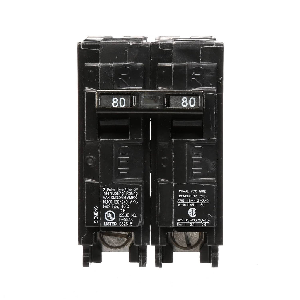 Double-pole circuit breaker, black with 80A markings and certification labels
