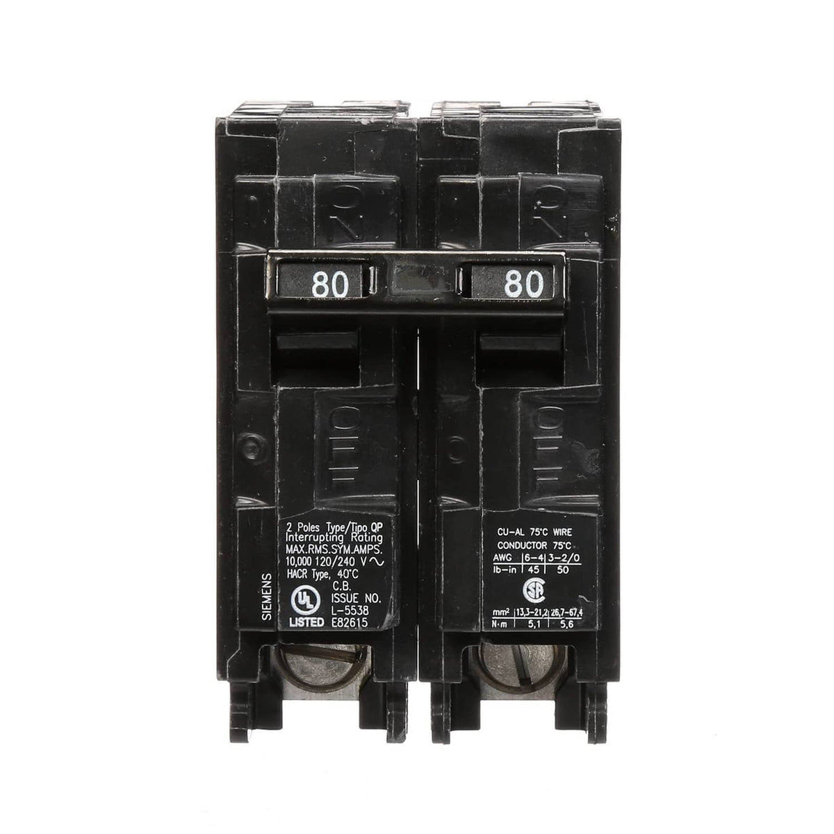 Double-pole circuit breaker, black with 80A markings and certification labels