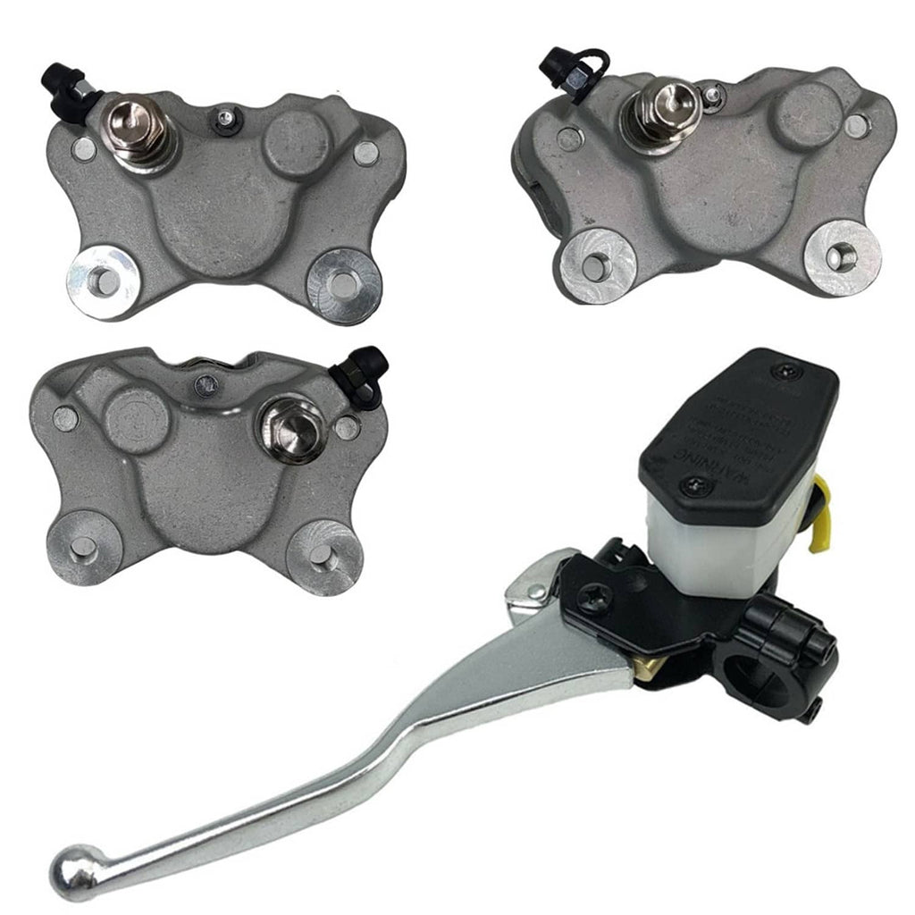 Front brake caliper pair with grey cast housings and mounting bolts, plus rubber caps