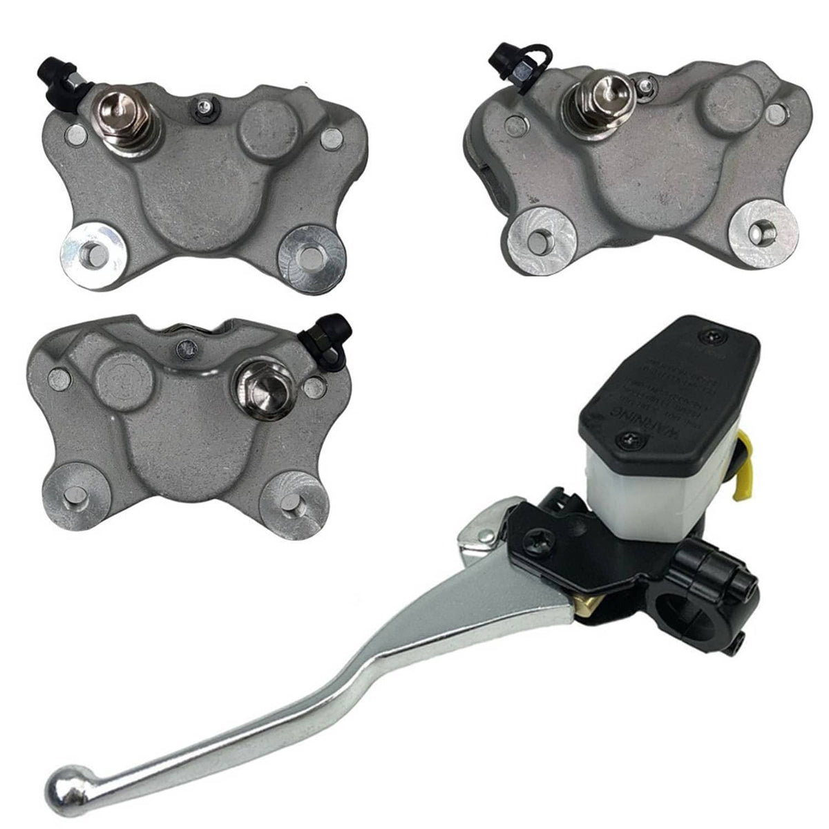 Front brake caliper pair with grey cast housings and mounting bolts, plus rubber caps