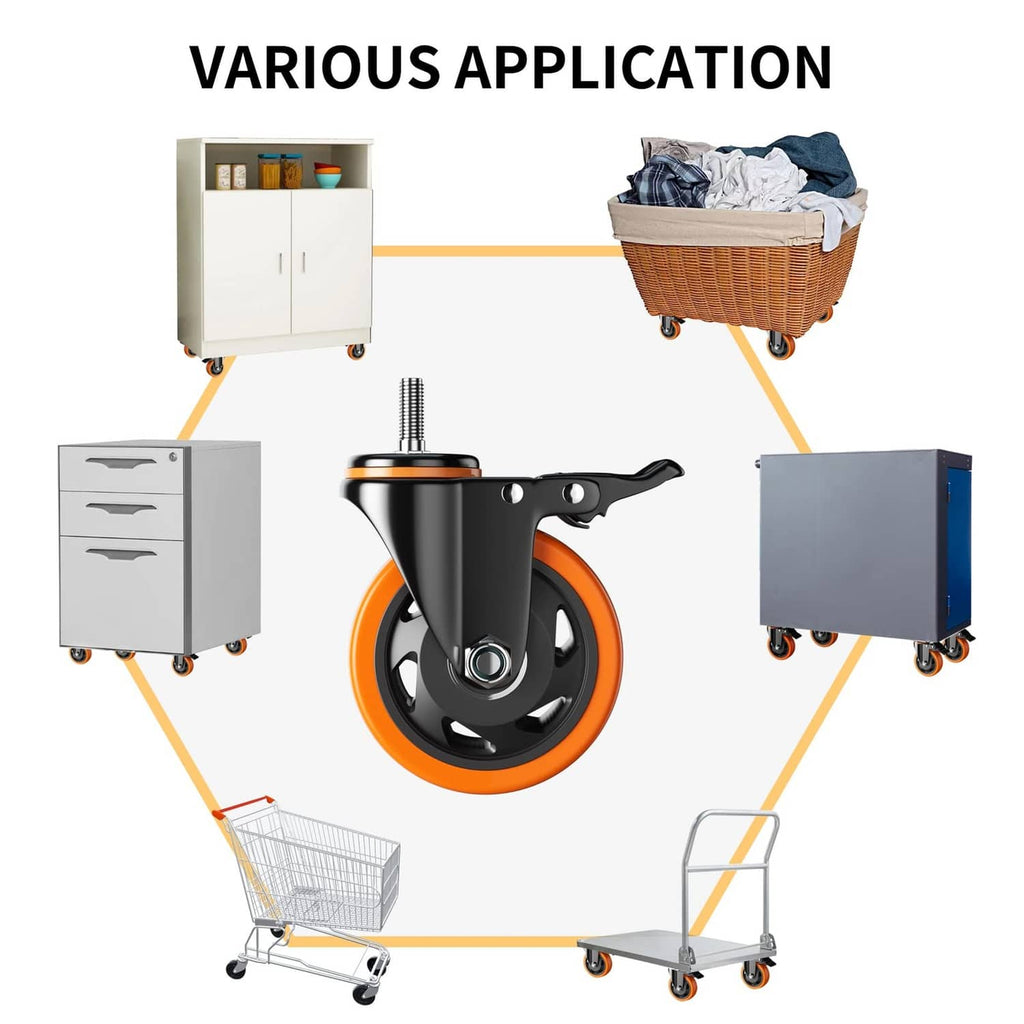Threaded stem caster wheel with orange wheel for moving carts, shelves, and equipment