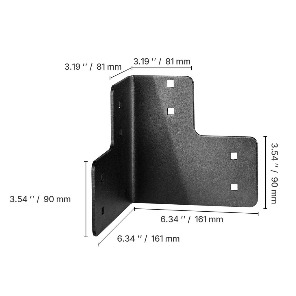 Black 90-degree corner bracket with mounting holes and stamped dimension marks