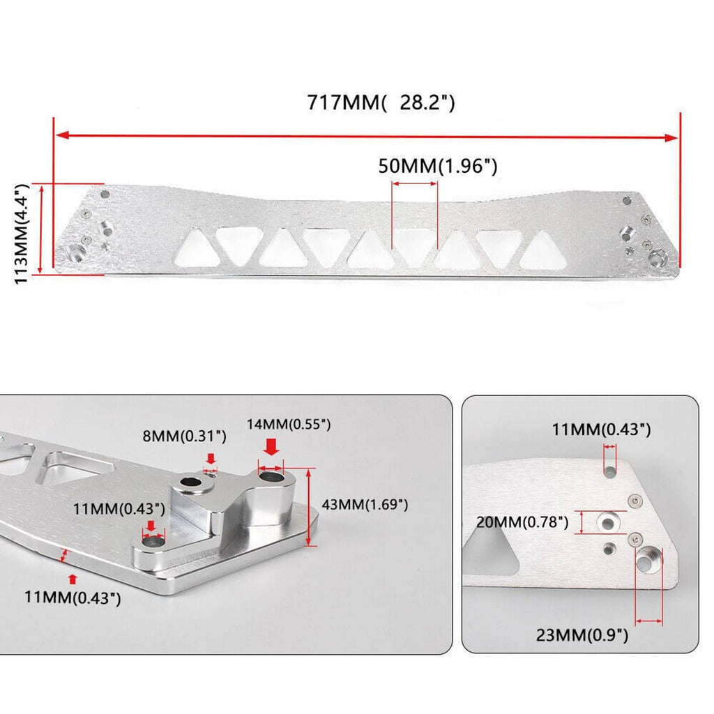 Silver rear lower control arm brace with triangular cutouts and mounting points