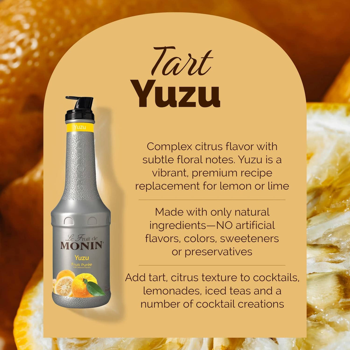 Monin Yuzu purée bottle with citrus label