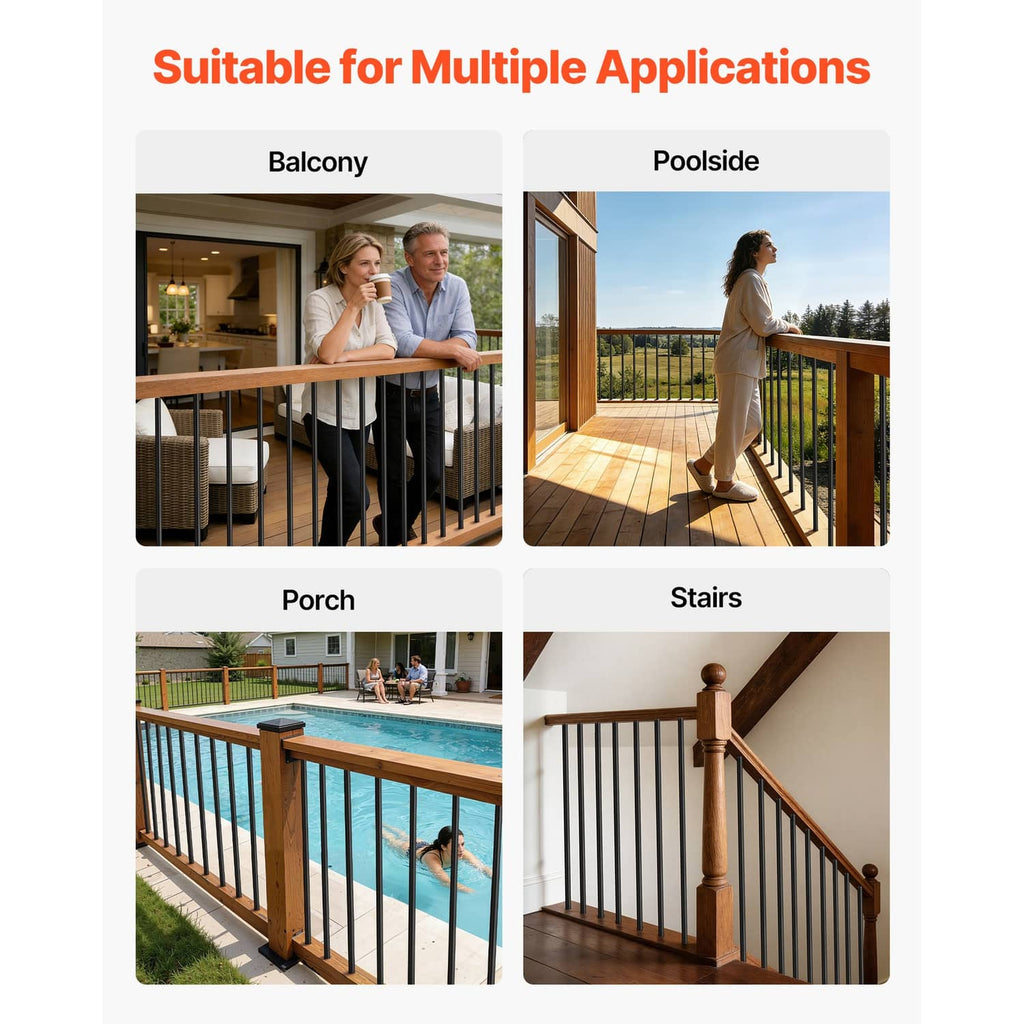 Black aluminum railing balusters used on balcony, poolside, porch, and stairs