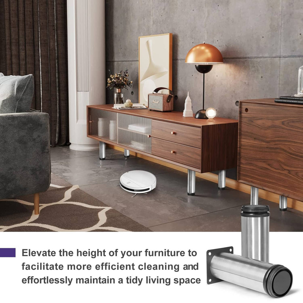 Stainless steel furniture legs with black rubber base feet and mounting plate