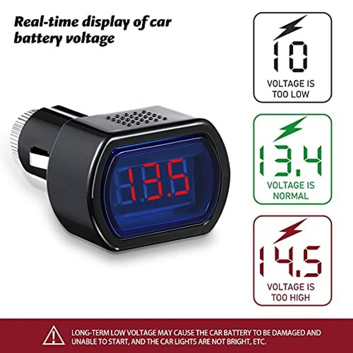 Digital car voltmeter with blue LED screen showing red digits and black plug housing
