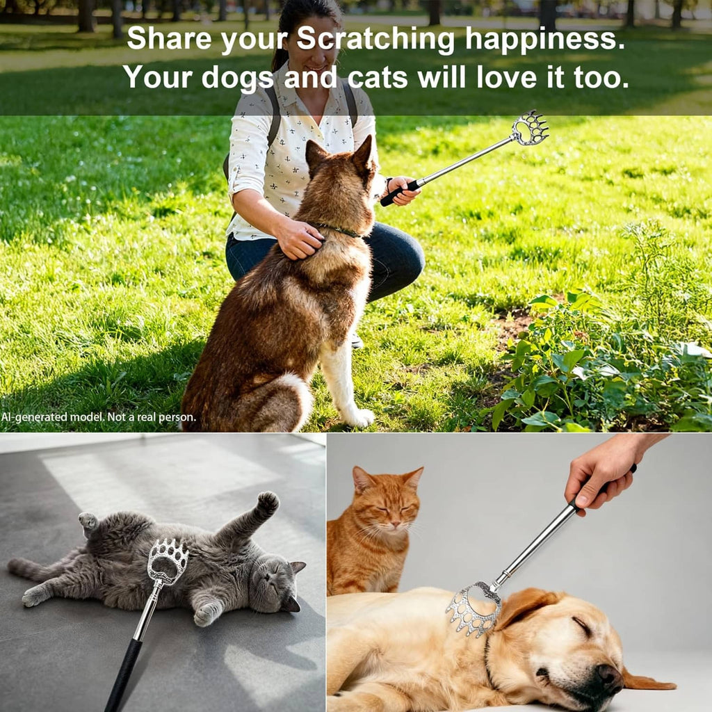 Extendable back scratcher with silver bear-claw head used on dog outdoors