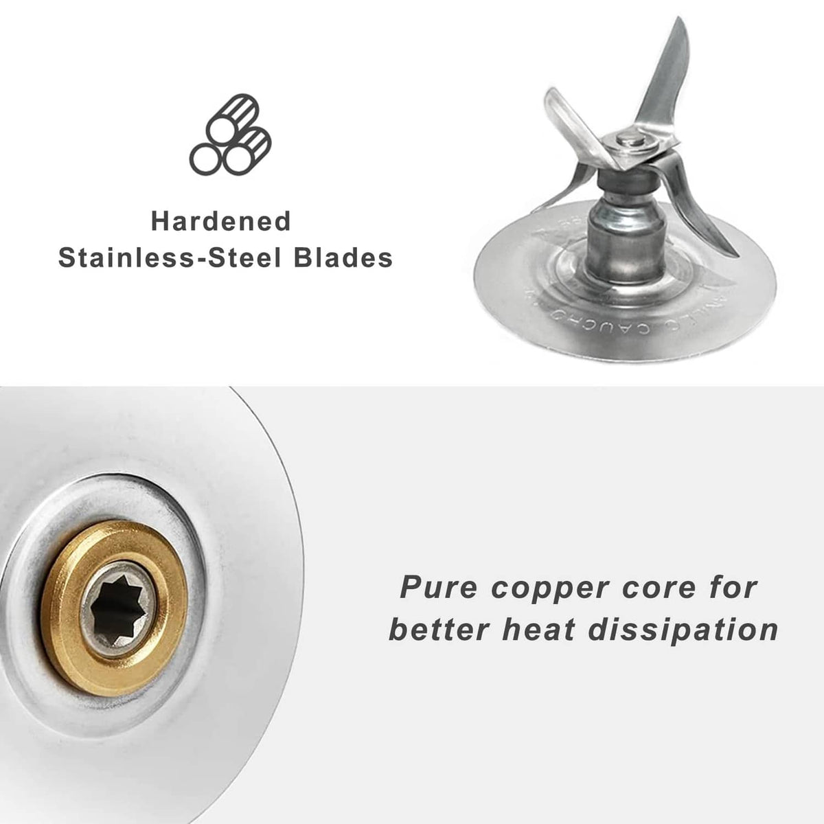 Stainless-steel blender blade and copper center detail on motor coupling