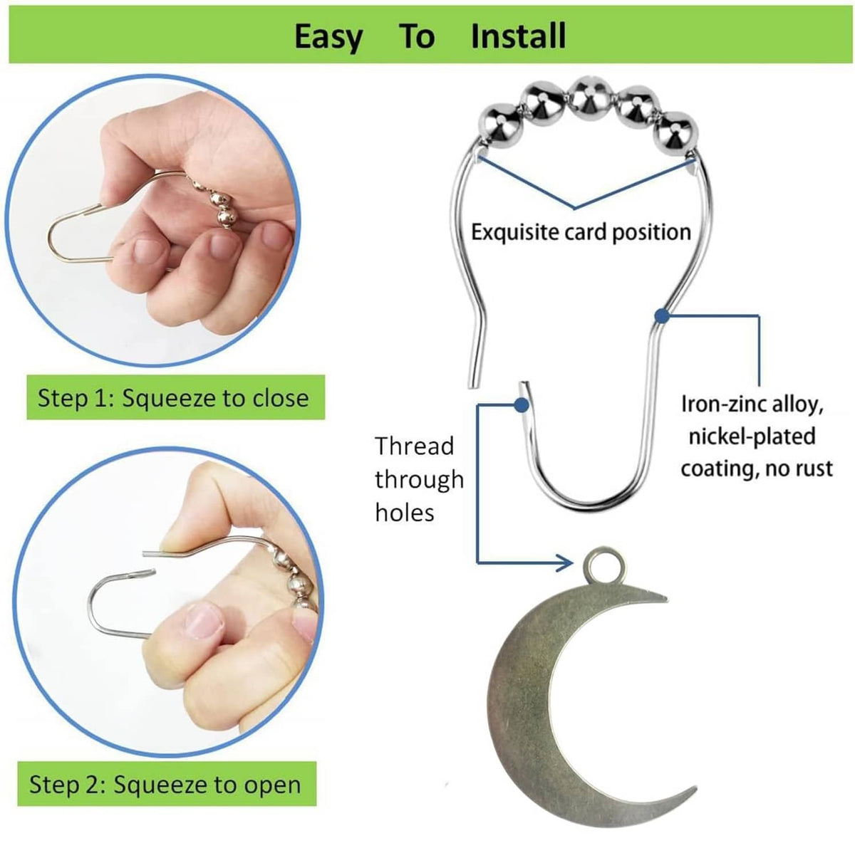 Metal shower curtain hook with beaded top and large moon charm, easy install style
