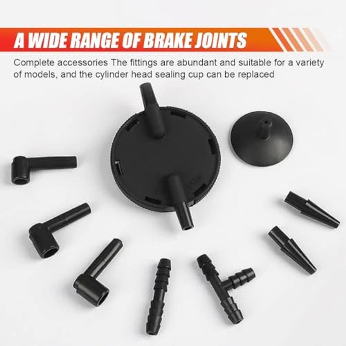 Set of black brake bleeder adapters and fittings for suction application.