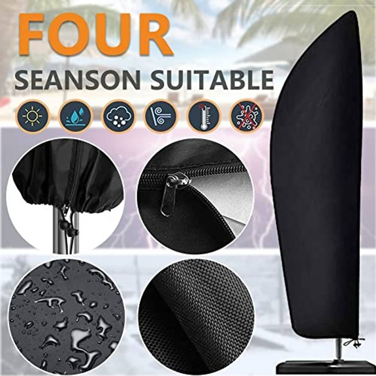 Black umbrella cover with zipper detail and textured waterproof fabric surface