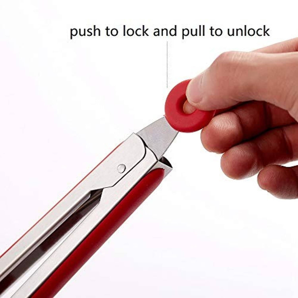 Stainless steel kitchen tongs with red silicone handle and push-lock mechanism.