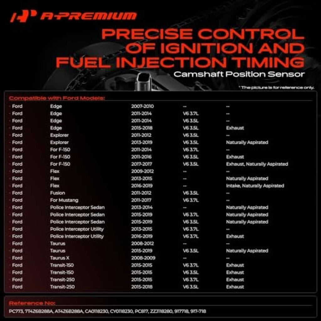 Camshaft position sensor illustration with vehicle compatibility table panel