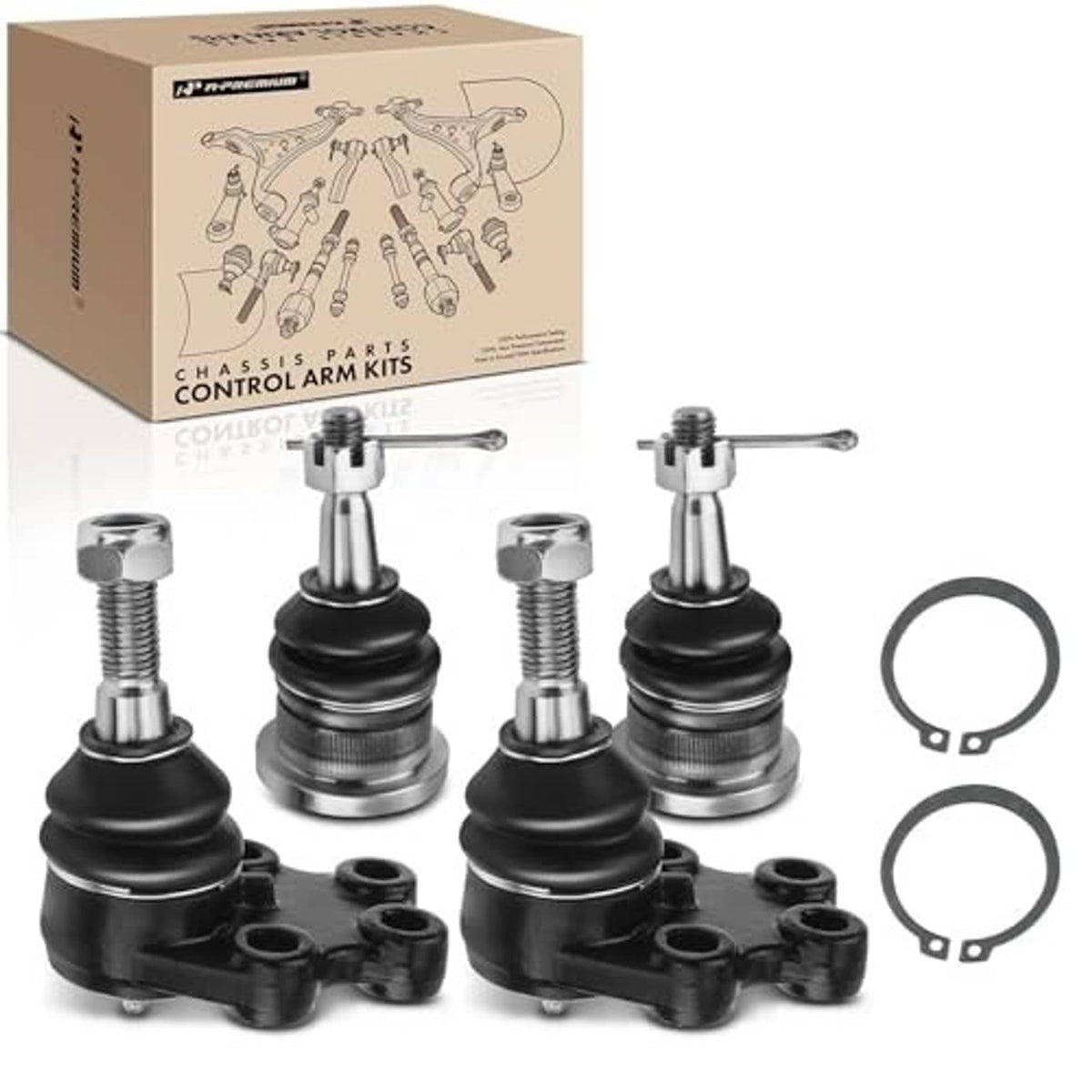 Front ball joint kit with four black boots, silver studs, and circular clips