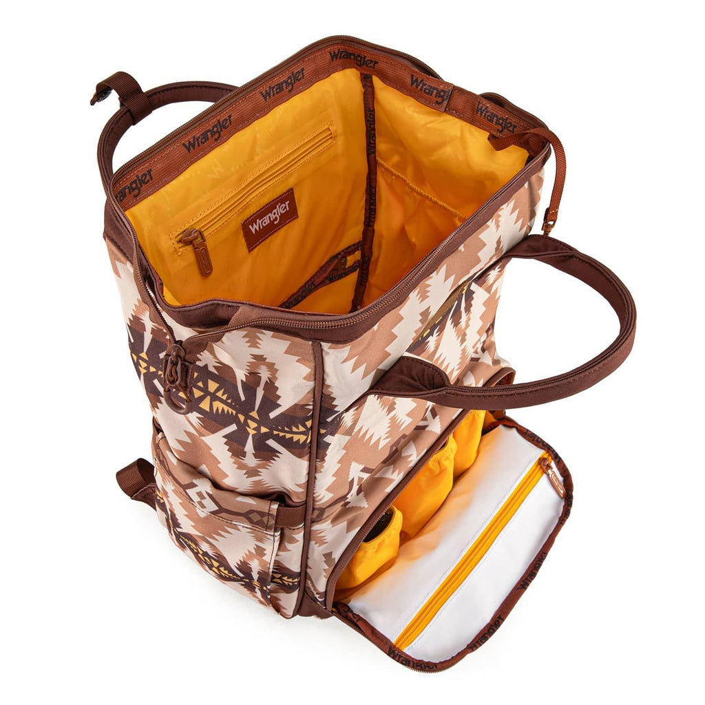 Wrangler Callie diaper bag, beige aztec print with brown trim; open front pouch organizer