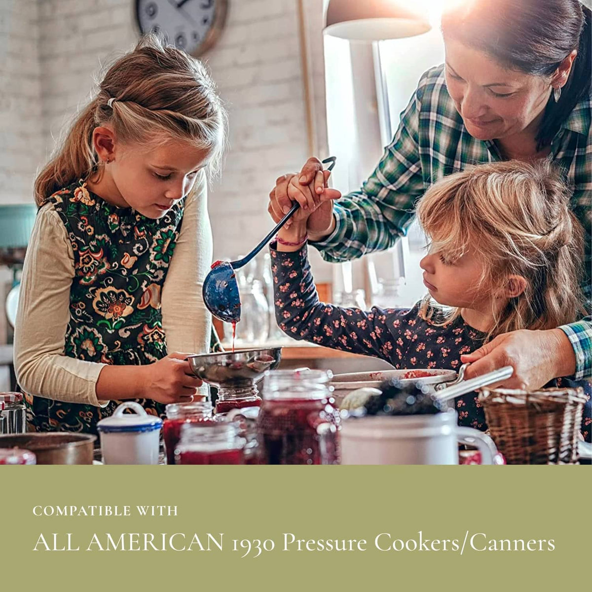 Pressure canner and lid being used for home canning at a kitchen table