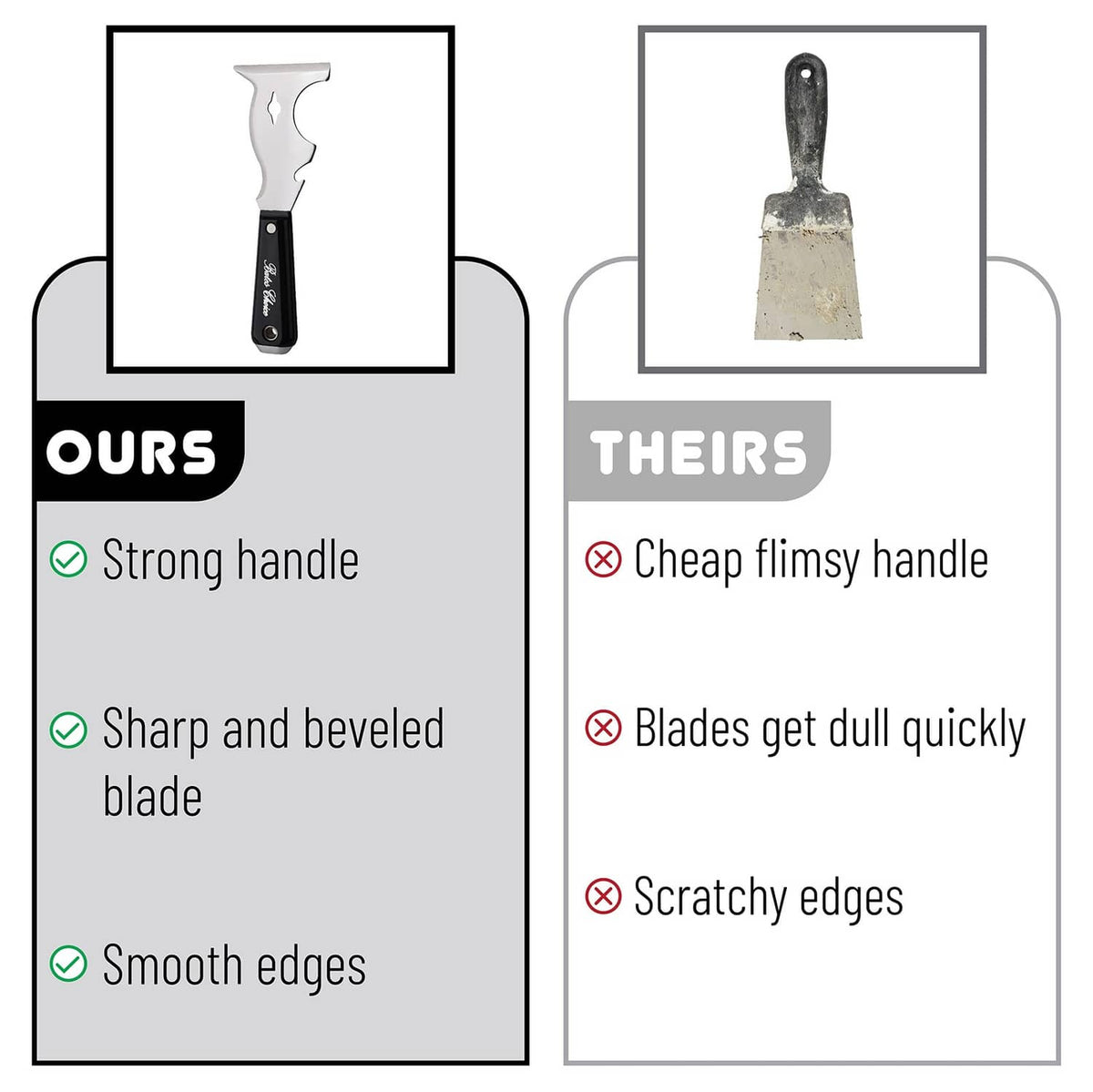 Two paint scraper examples: black-handled metal blade on a card