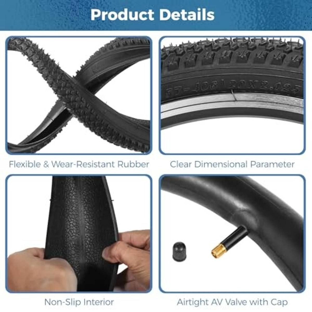 Black bicycle tire set with tread detail and labeled sidewall view