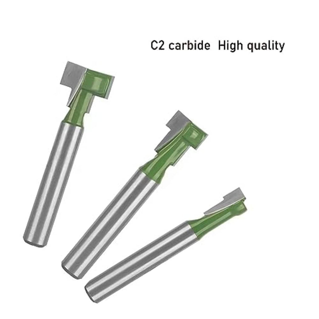 Three keyhole router bits angled view, green cutter heads and silver cylindrical shanks