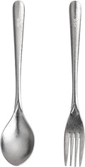 Silver titanium spoon and fork set, polished with rounded spoon bowl and 4 tines