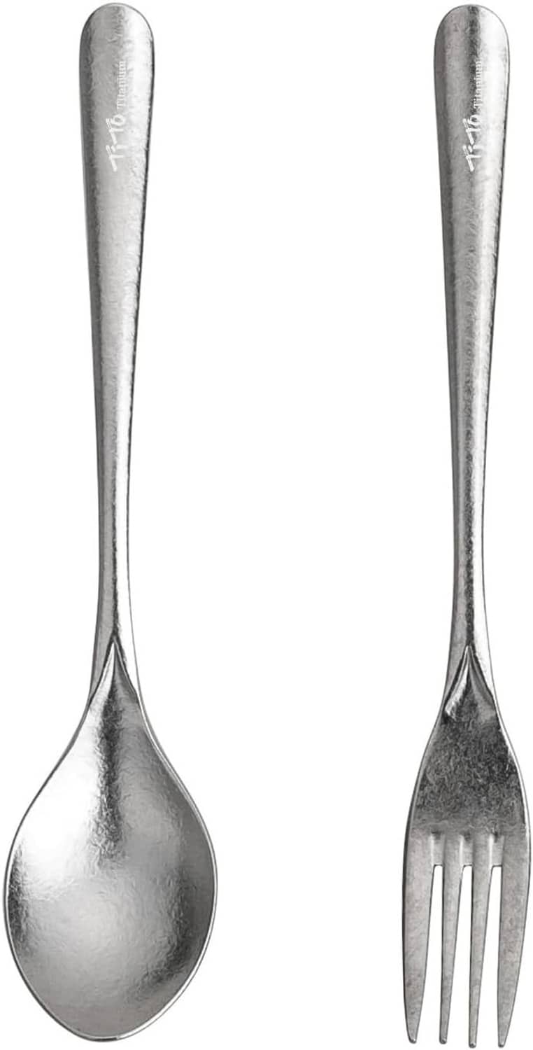 Silver titanium spoon and fork set, polished with rounded spoon bowl and 4 tines