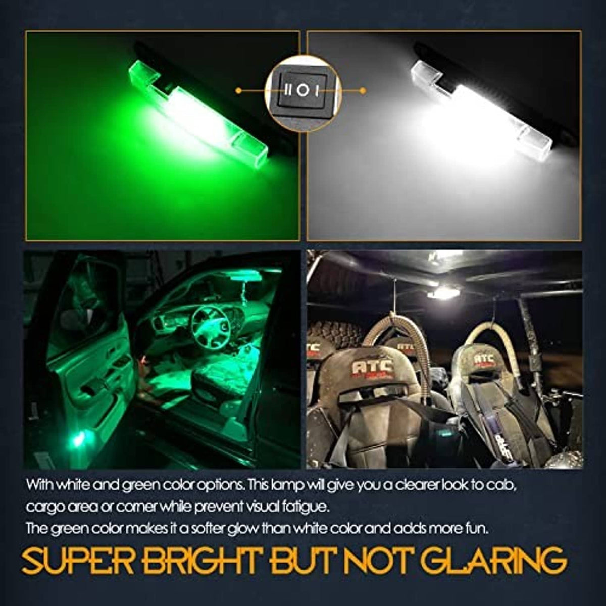 Universal UTV LED light bar showing green and white lighting modes with switch