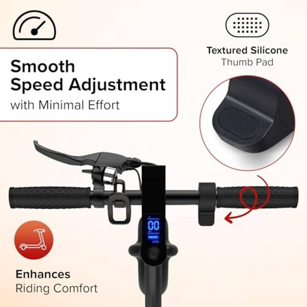 Black thumb throttle with textured silicone thumb pad on scooter handlebar
