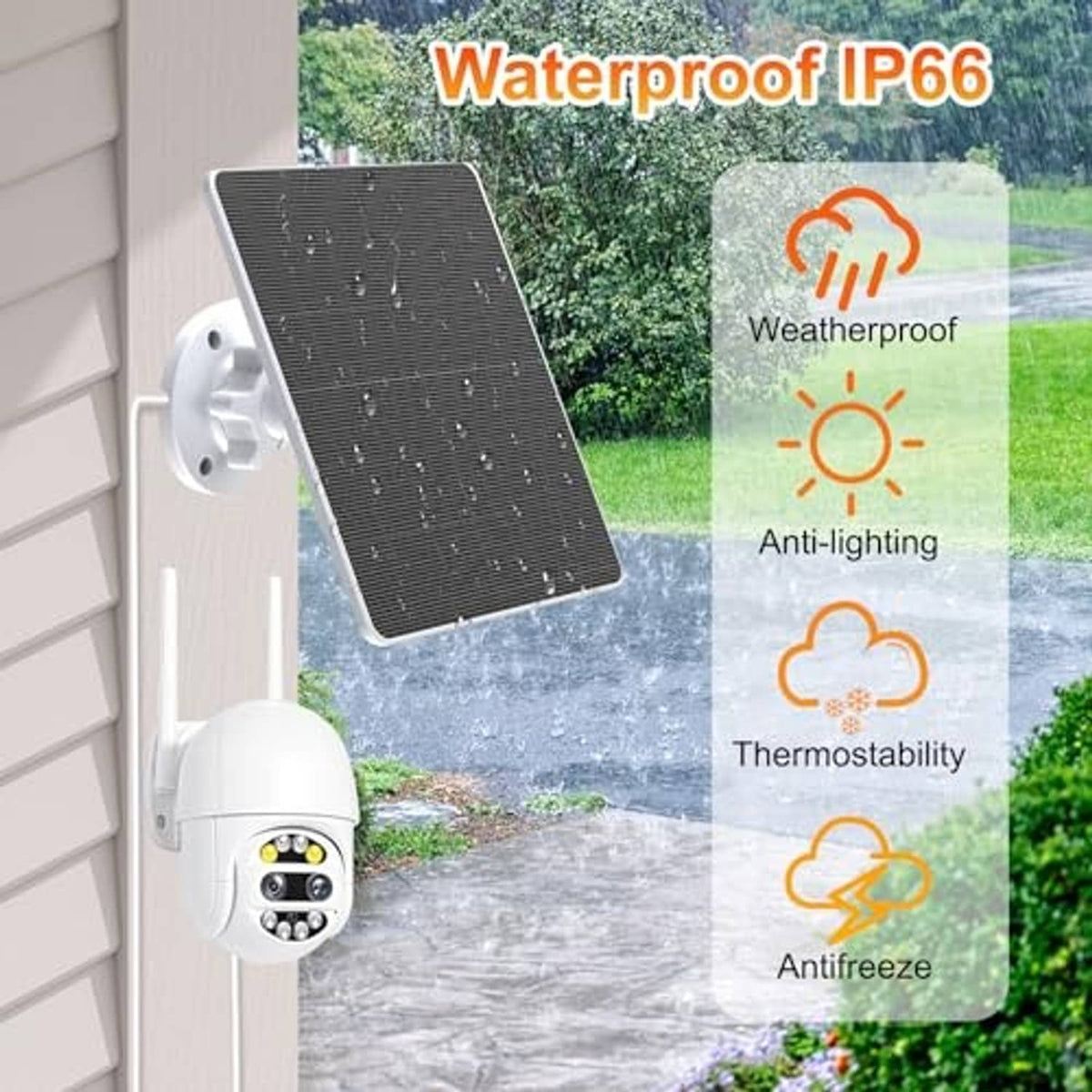 Solar panel charger with black panel and mounting base for outdoor security camera