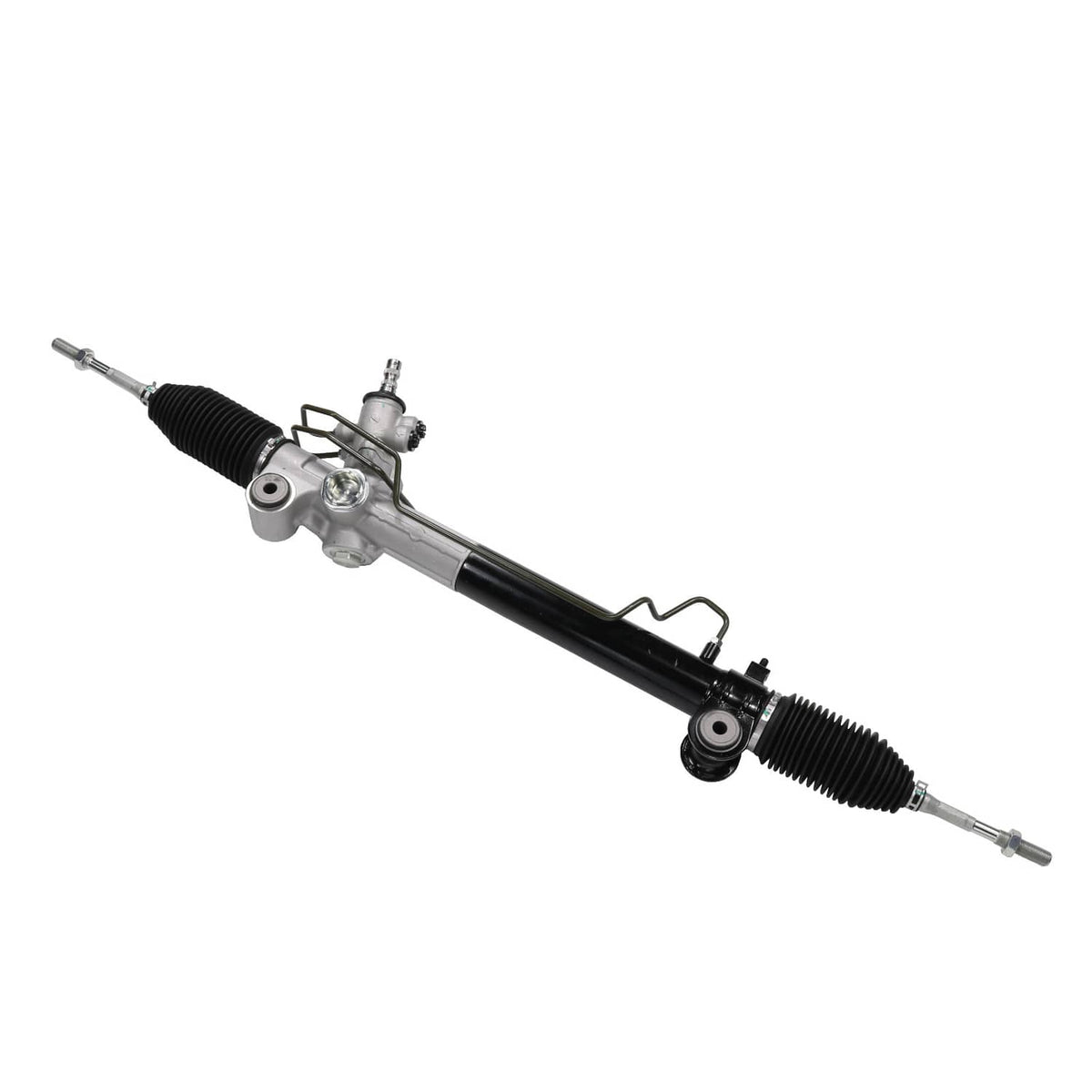 Power steering rack and pinion assembly, angled steering shaft with black rubber boot