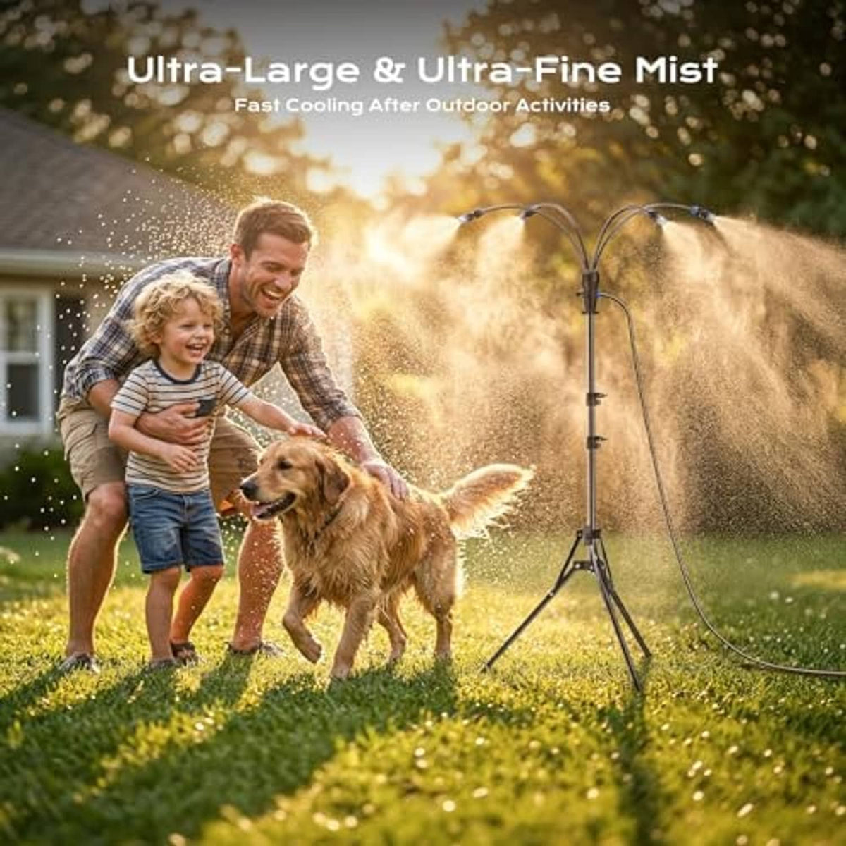 Outdoor misting system with fine mist spray from double heads on a standing tripod