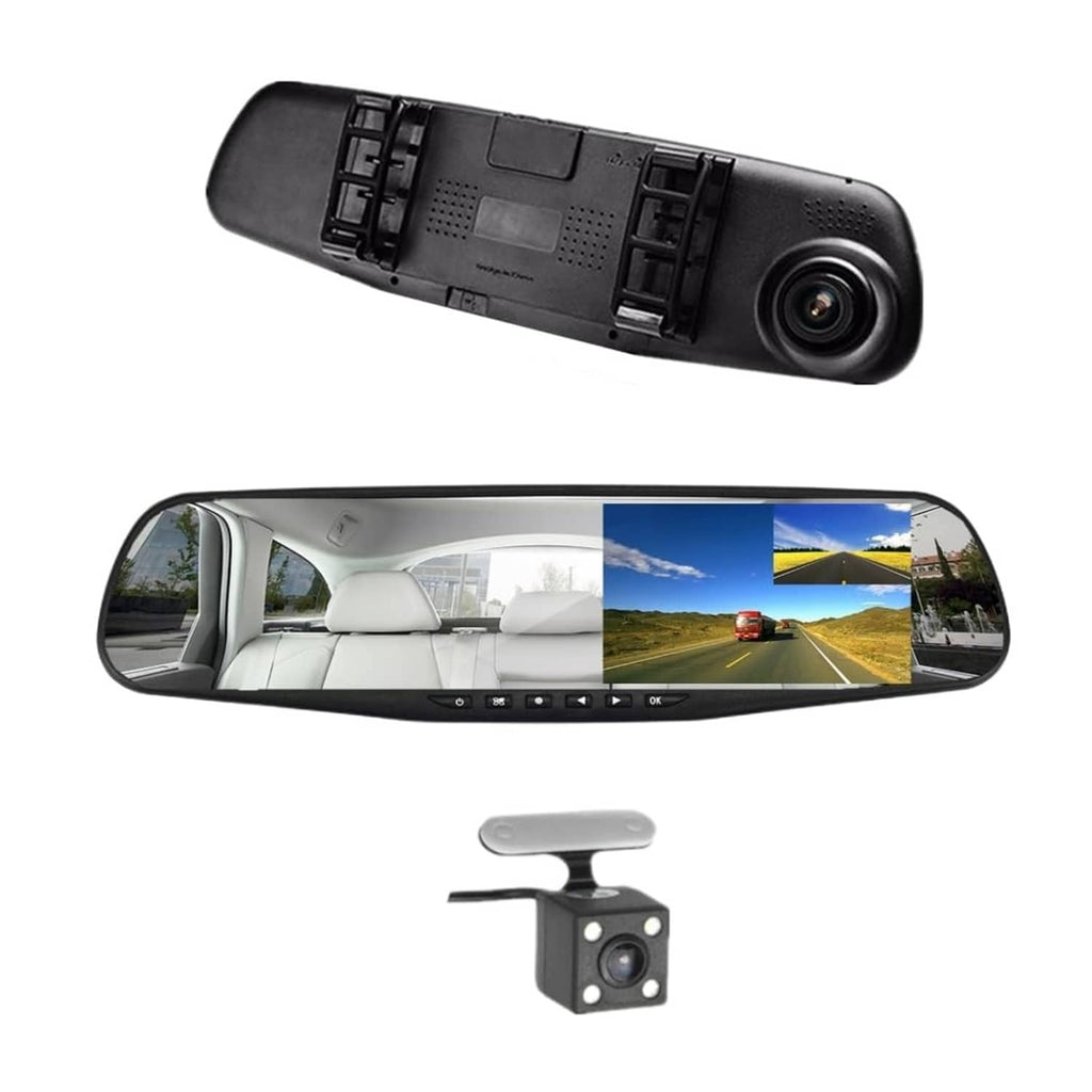 Rearview mirror dash cam with built-in screen and rear backup camera, black