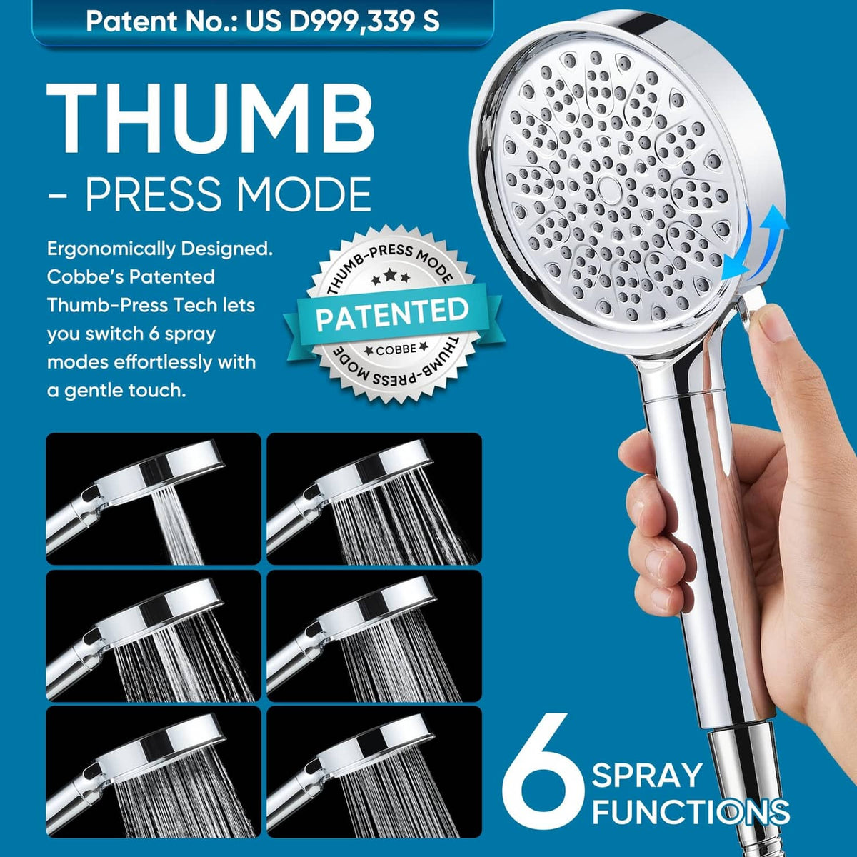 Chrome shower head with thumb press mode and 6 spray functions