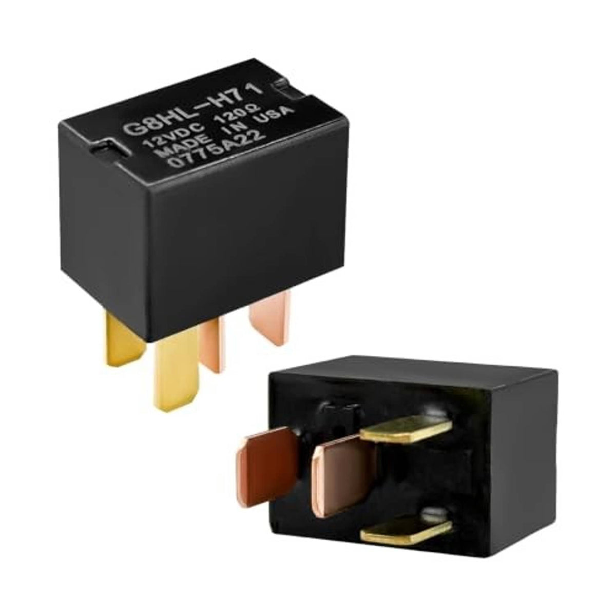 Black 4-pin AC relay with blade terminals beside open connector housing