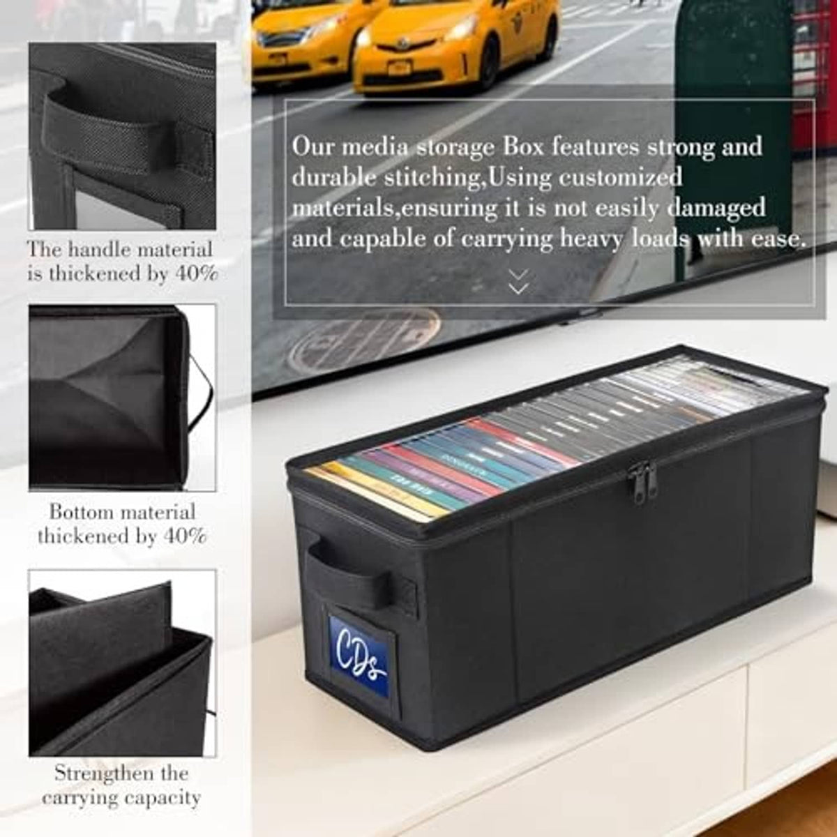Black foldable media storage box with clear top window, reinforced handles, zipper closure